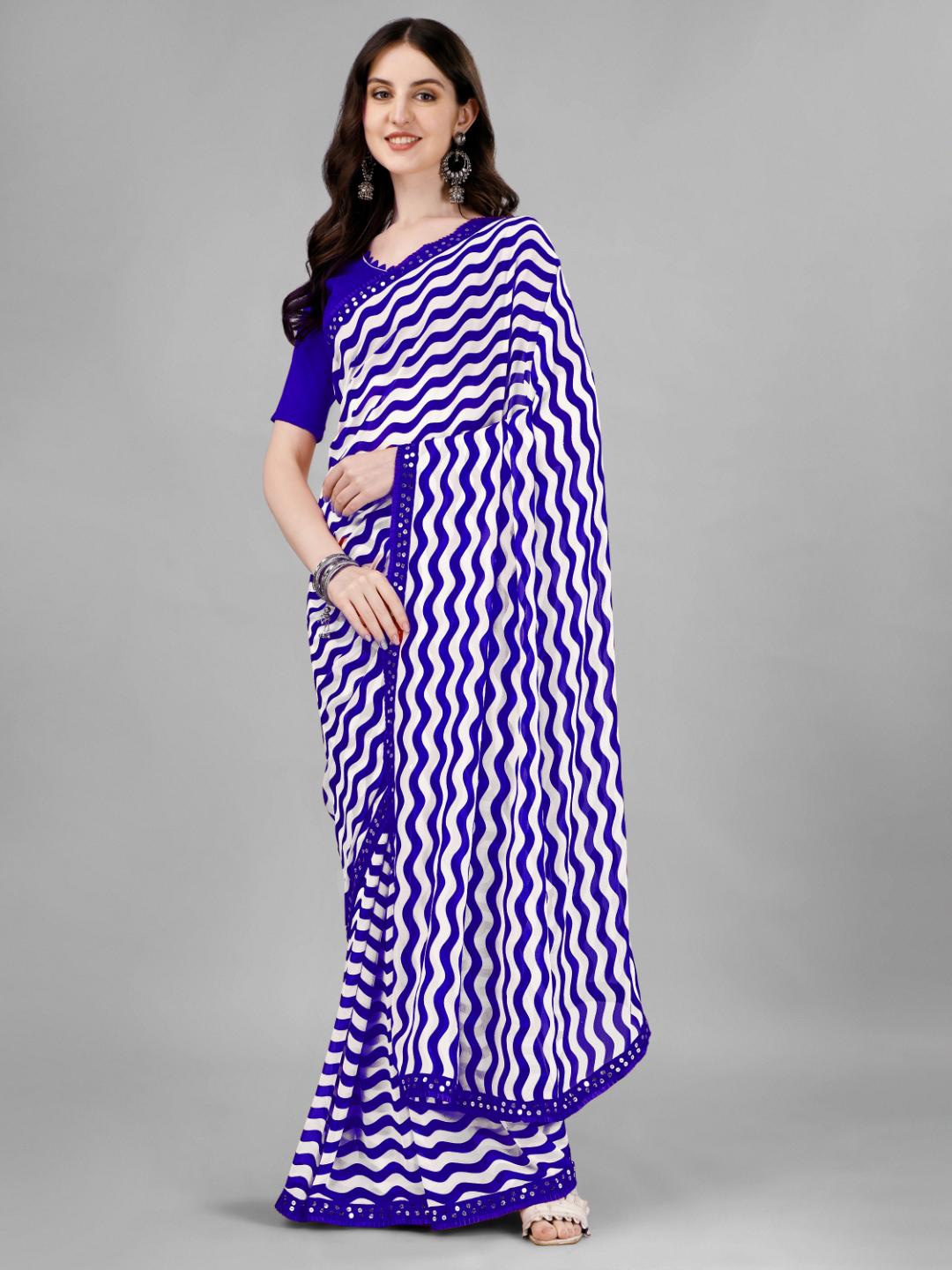 

SM TRENDZ Striped Sequinned Pure Georgette Saree, Blue