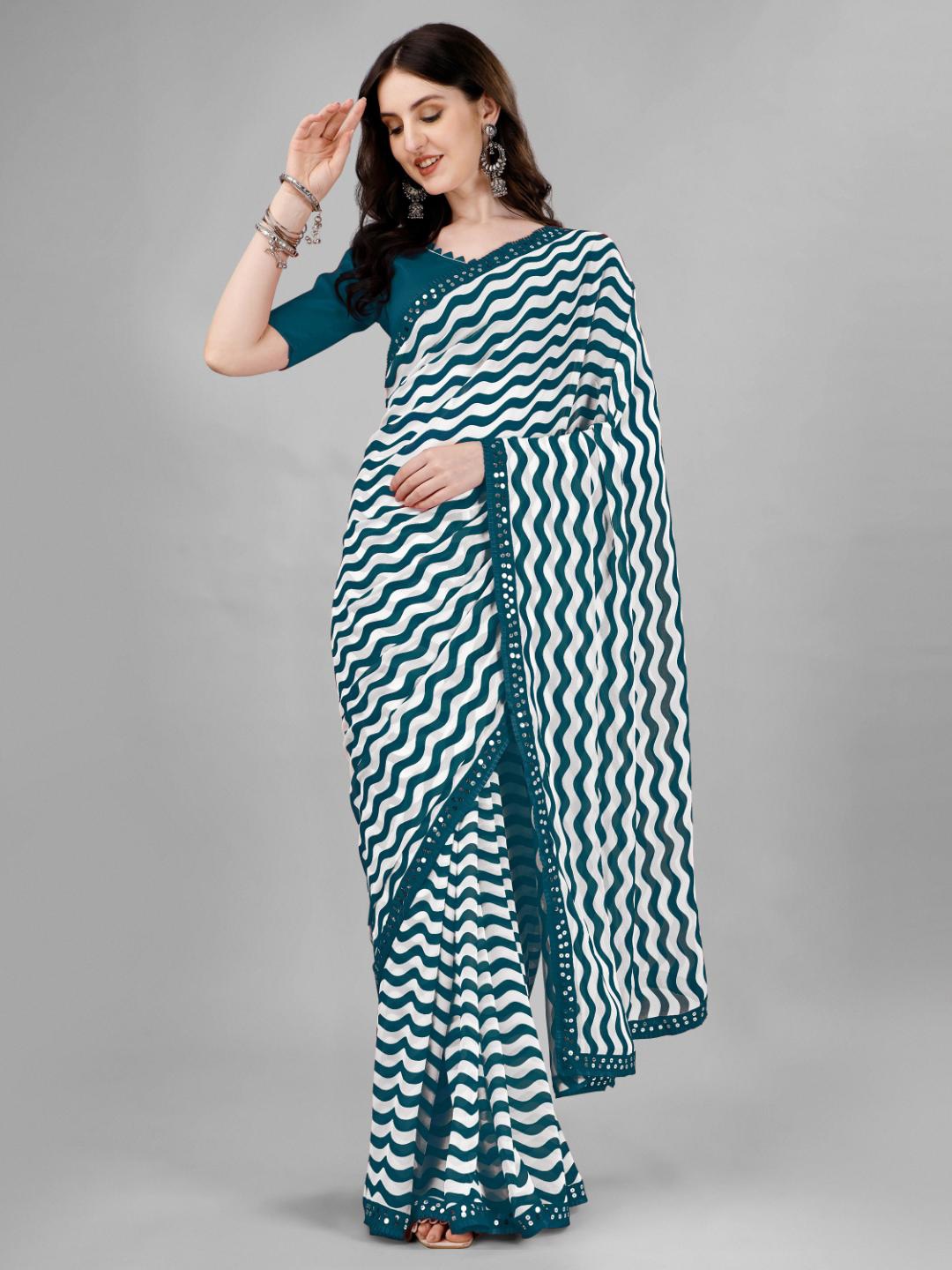 

SM TRENDZ Striped Sequinned Pure Georgette Saree, Teal