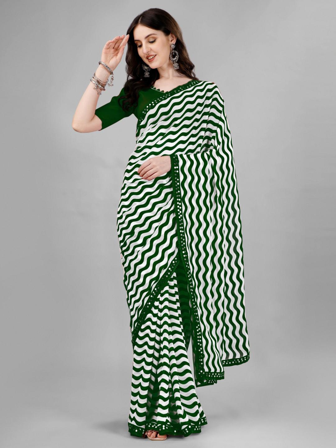 

SM TRENDZ Striped Sequinned Pure Georgette Saree, Green