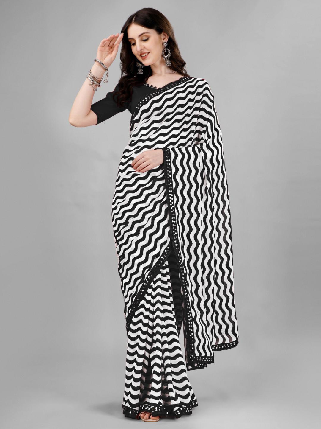 

SM TRENDZ Striped Sequinned Pure Georgette Saree, Black