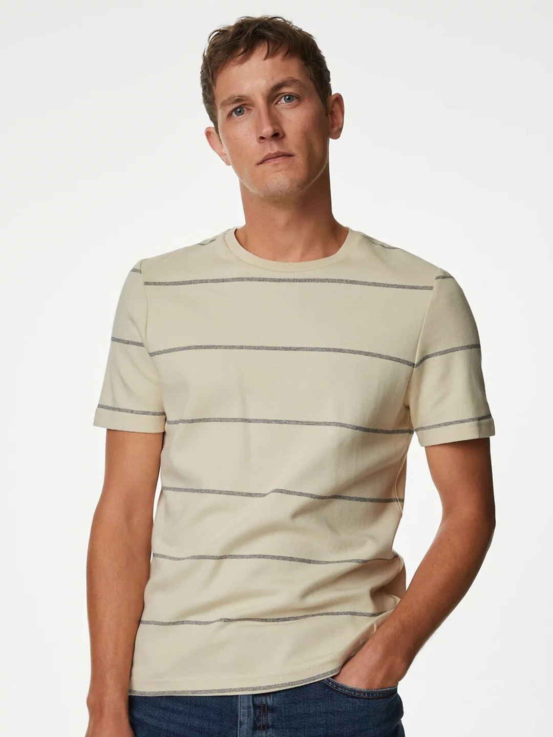 

Marks & Spencer Striped Pure Cotton T-shirt, Beige