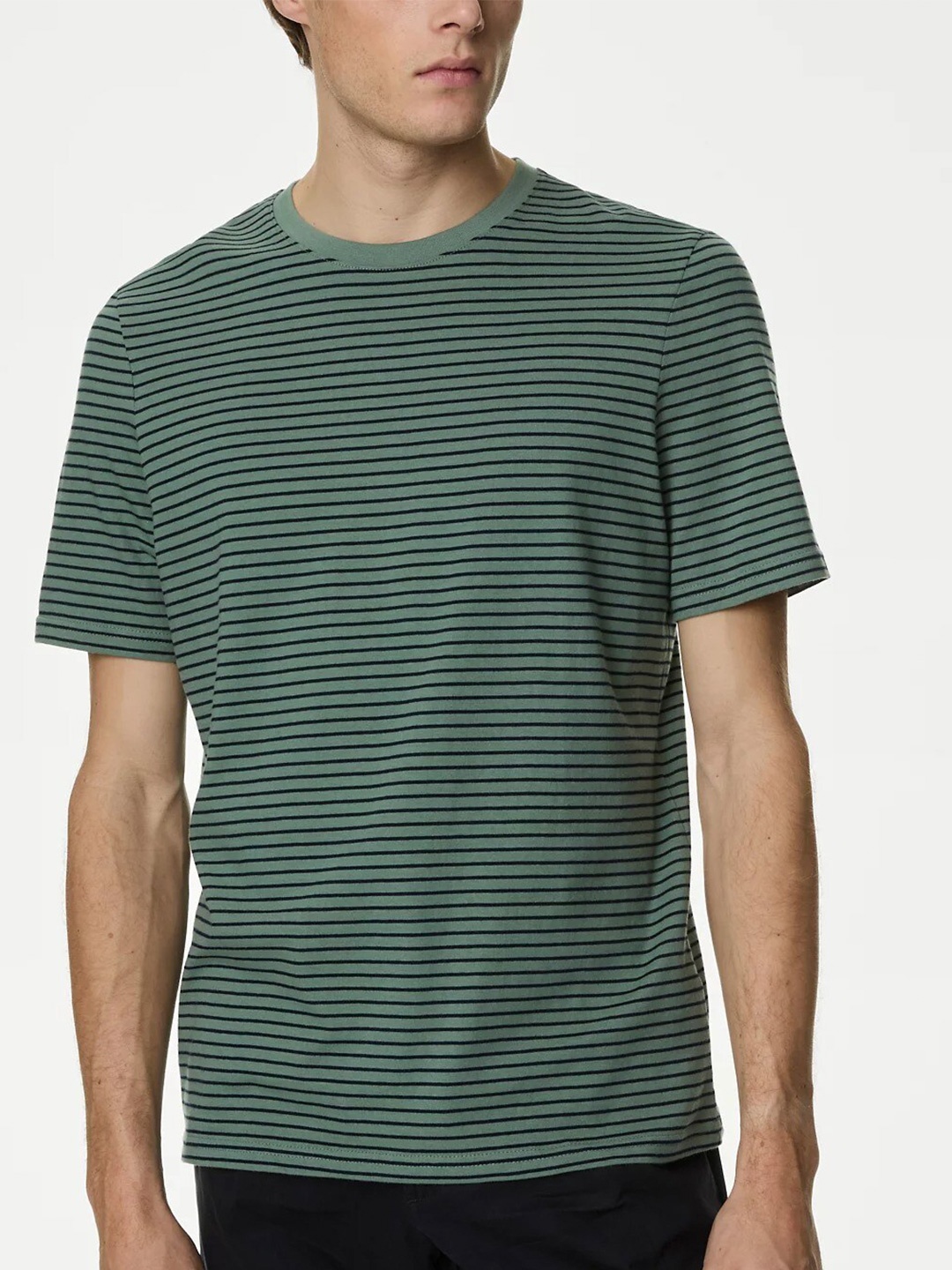 

Marks & Spencer Striped Pure Cotton T-shirt, Green