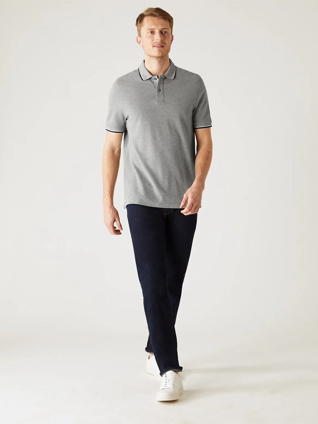 

Marks & Spencer Polo Collar Pure Cotton Casual T-shirt, Grey melange