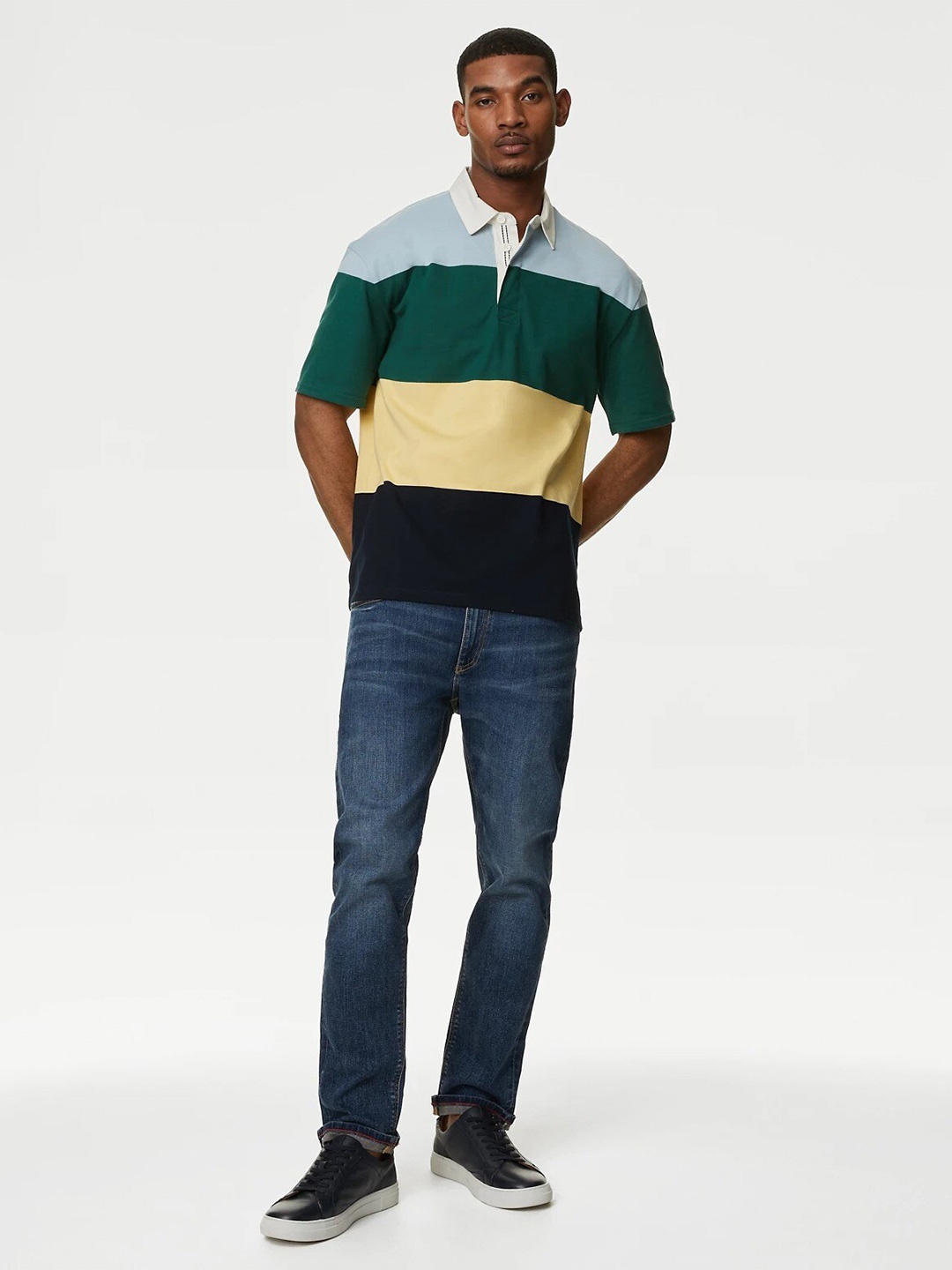 

Marks & Spencer Colourblocked Polo Collar Pure Cotton T-shirt, Green