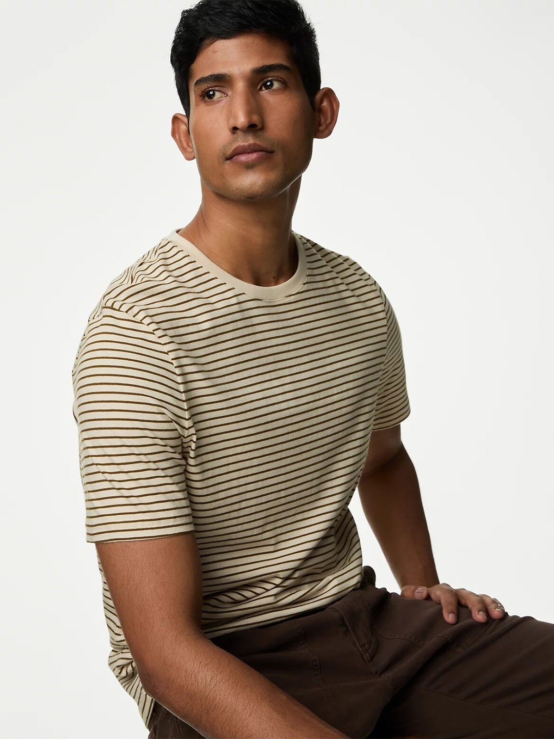

Marks & Spencer Striped Pure Cotton T-shirt, Beige