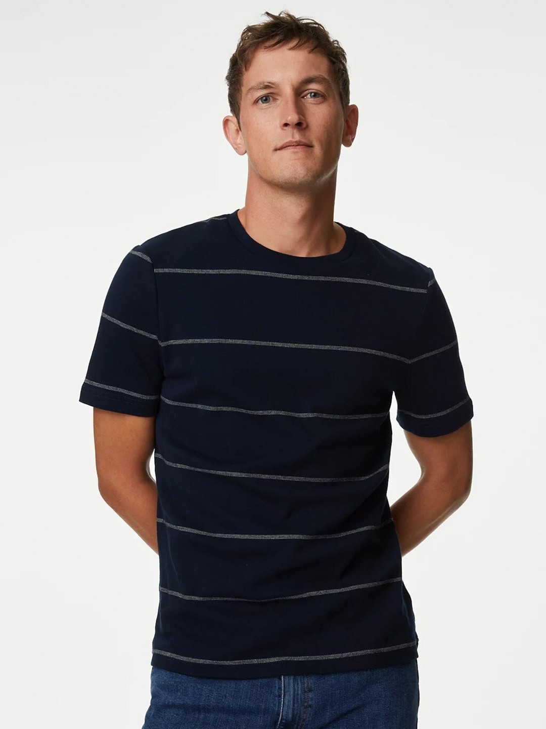 

Marks & Spencer Striped Pure Cotton T-shirt, Navy blue