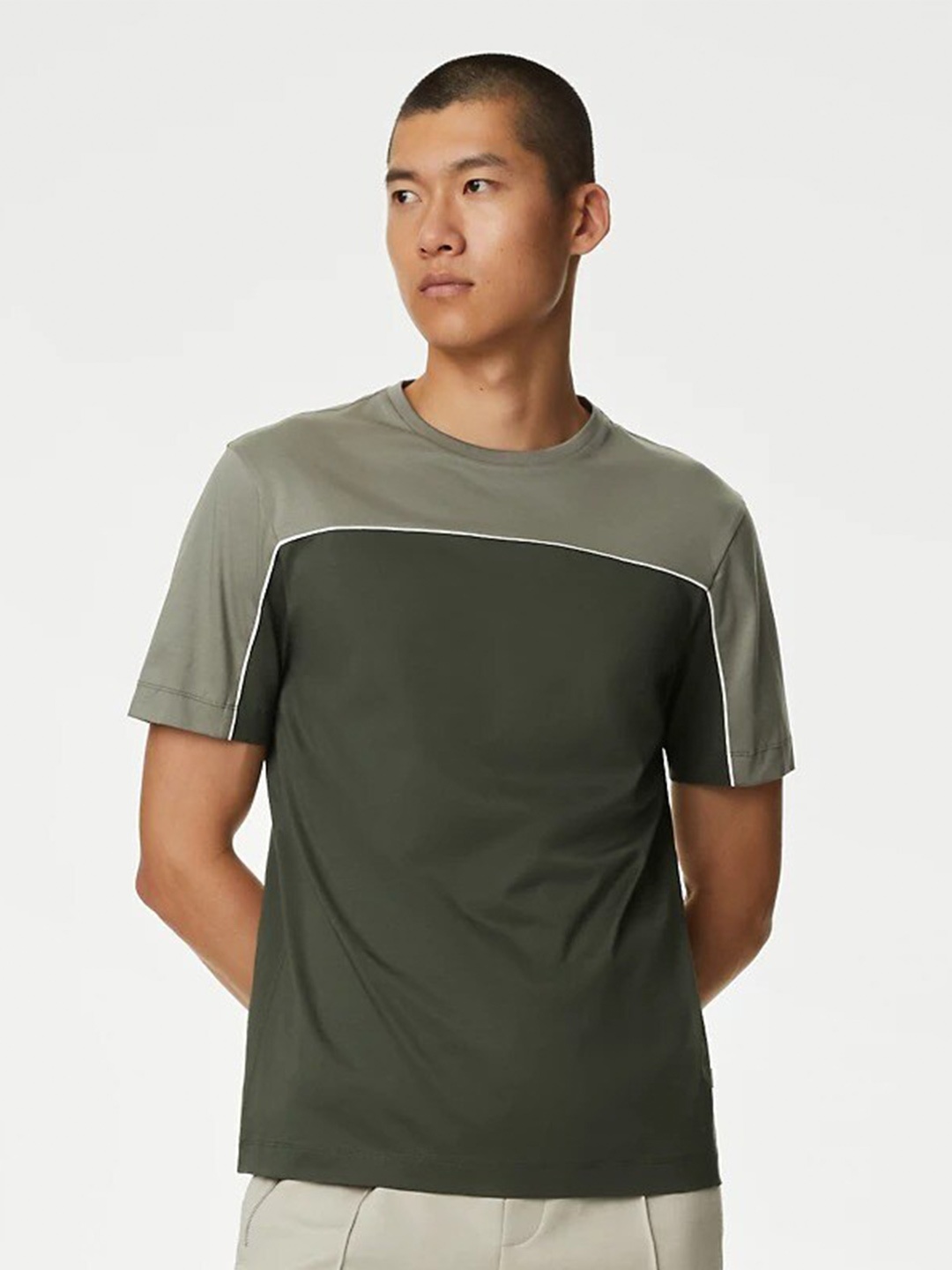 

Marks & Spencer Colourblocked Round Neck Pure Cotton Casual T-shirt, Khaki