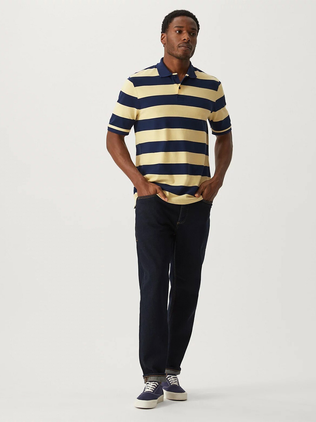 

Marks & Spencer Striped Polo Collar Pure Cotton T-shirt, Navy blue