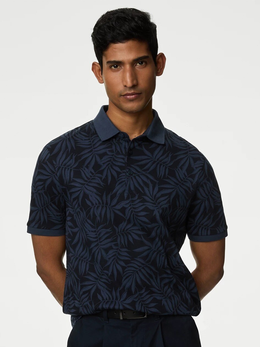 

Marks & Spencer Floral Printed Polo Collar Pure Cotton Casual T-shirt, Navy blue