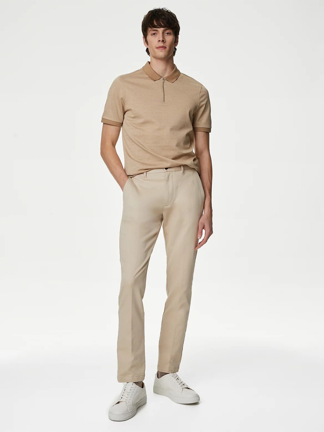 

Marks & Spencer Textured Polo Collar Pure Cotton T-shirt, Beige