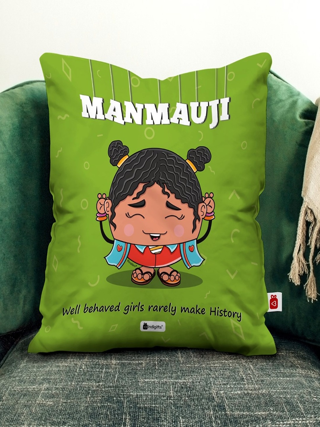 

Indigifts Green & White Manmauji Printed Square Cushion Cover