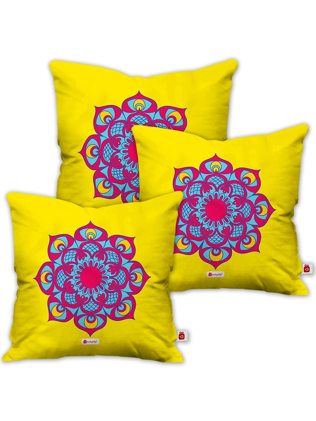 

Indigifts Yellow & Blue 3 Pieces Ethnic Motifs Square Cushion Covers