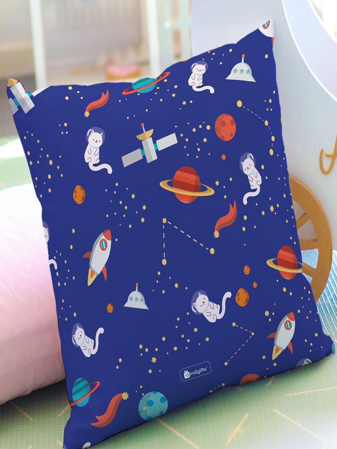 

Indigifts Blue & White Cat In Space Printed Square Cushion Cover