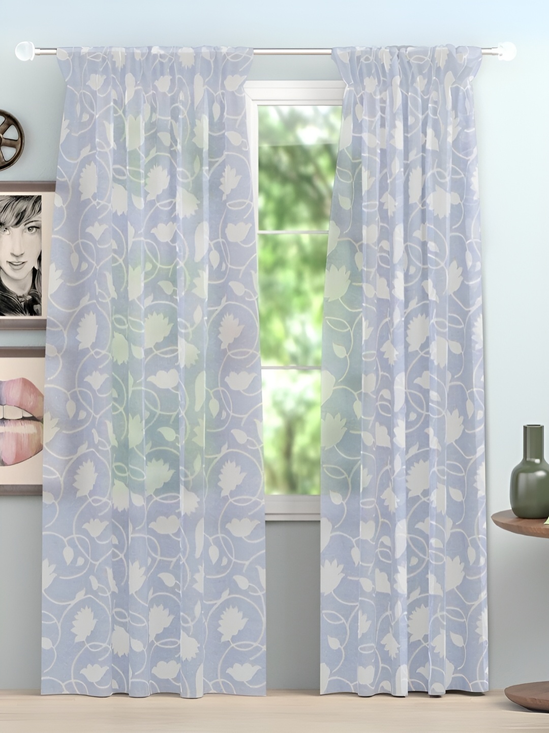 

Peepul Tree Set of 2 Floral Sheer Window Curtain, Blue