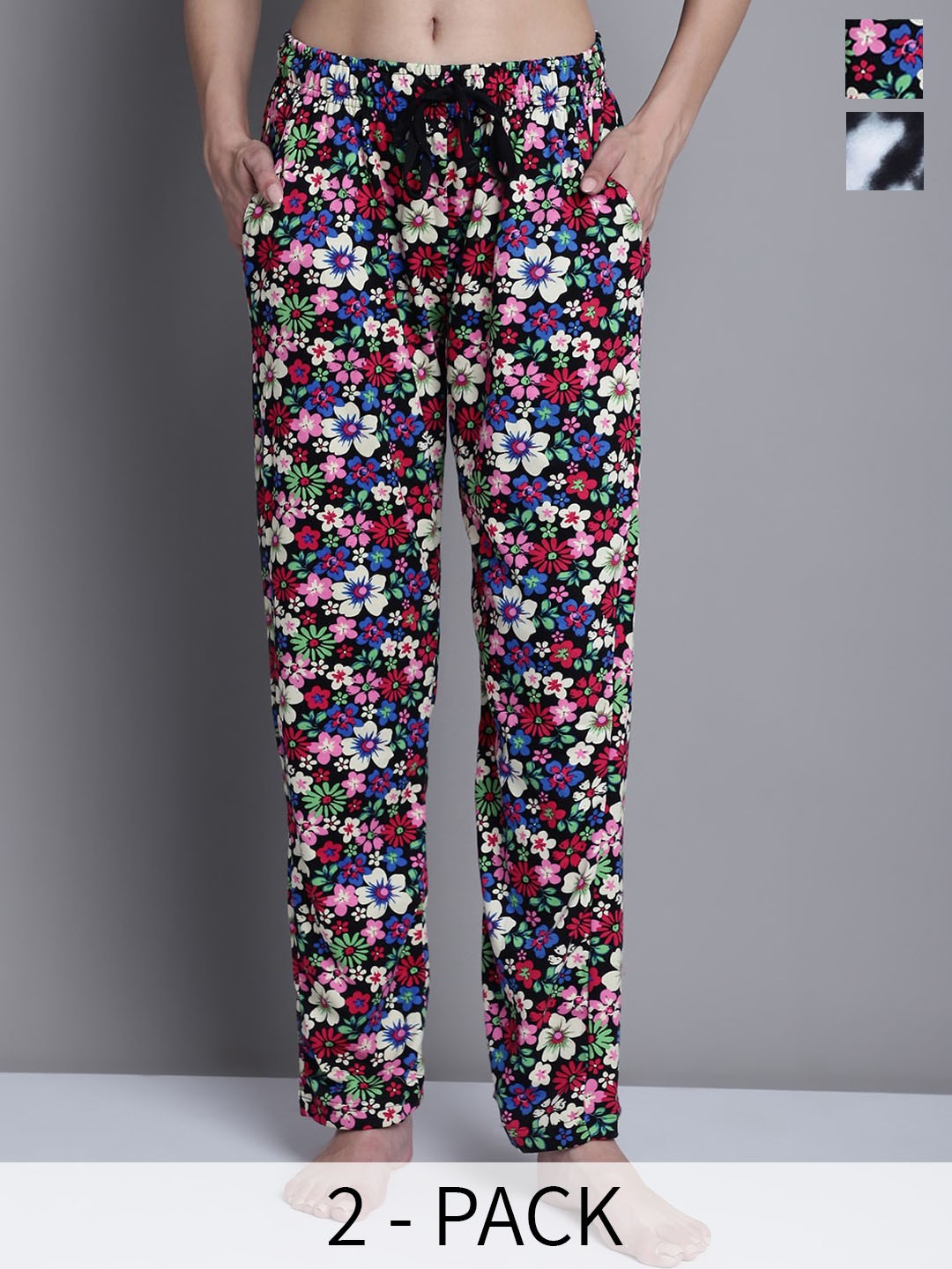 

Shararat Women Pack Of 2 Printed Cotton Lounge Pants, Black