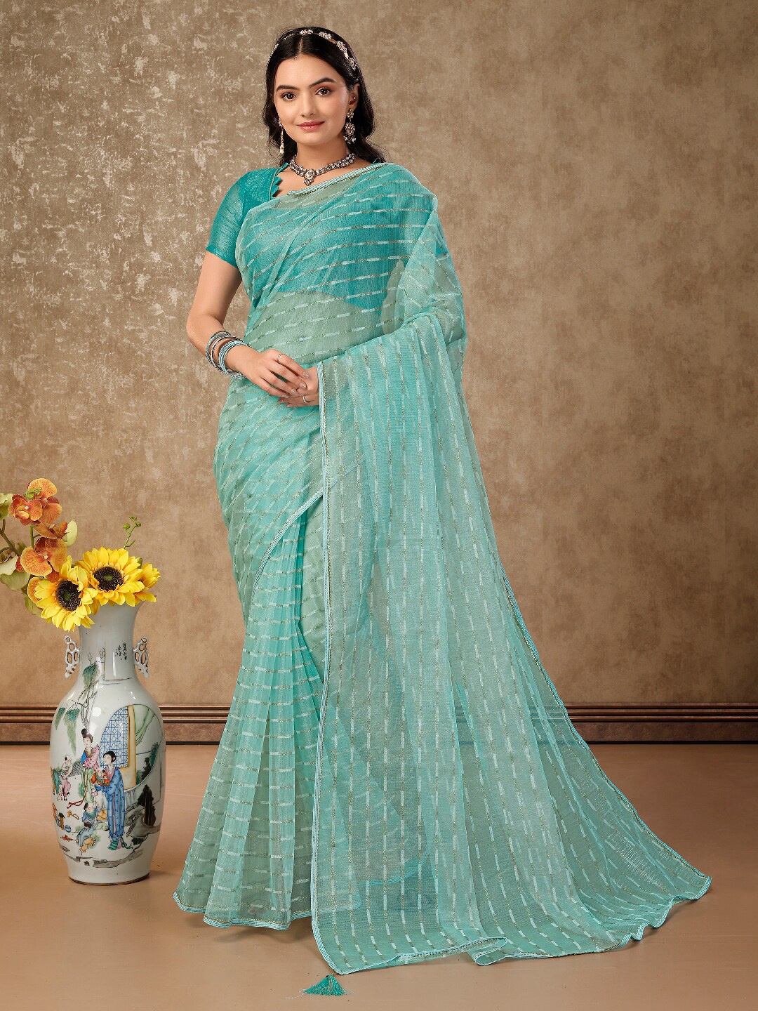 

Indian Women Woven Design Pure Chiffon Saree, Turquoise blue