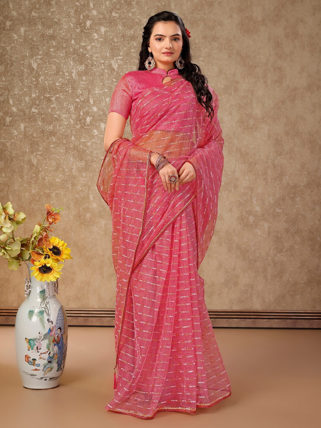 

Indian Women Striped Pure Chiffon Saree, Pink