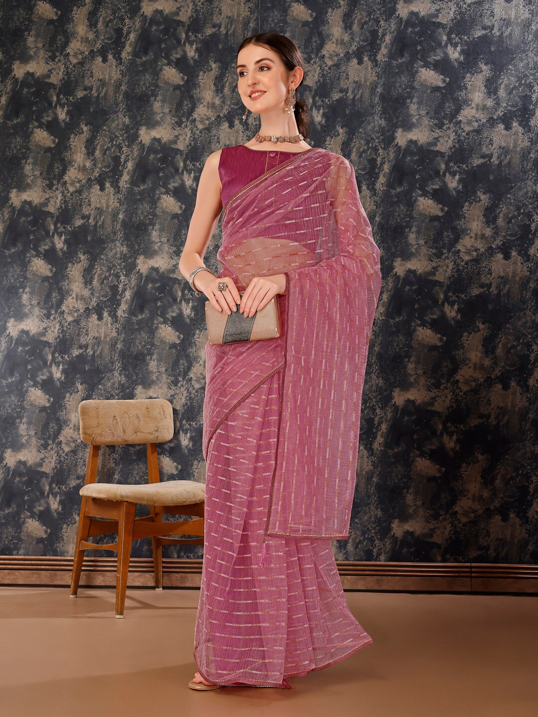 

Indian Women Woven Design Embroidered Pure Chiffon Saree, Purple