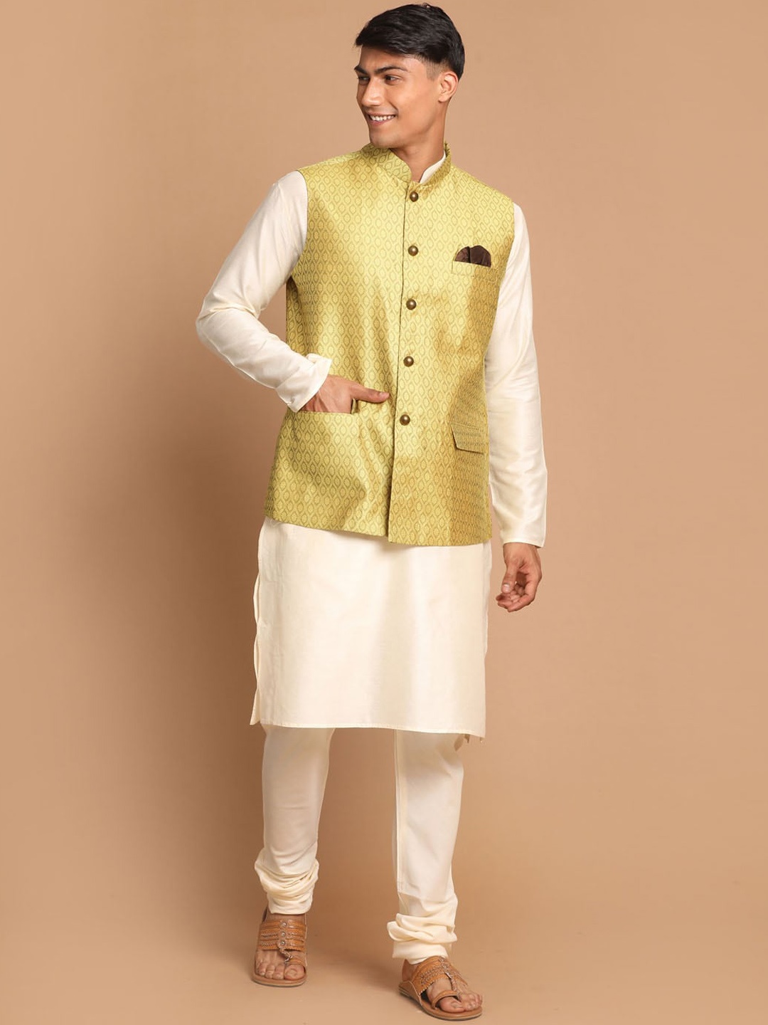 

VASTRAMAY Woven Design Mandarin Collar Long Sleeves Kurta with Churidar, Cream