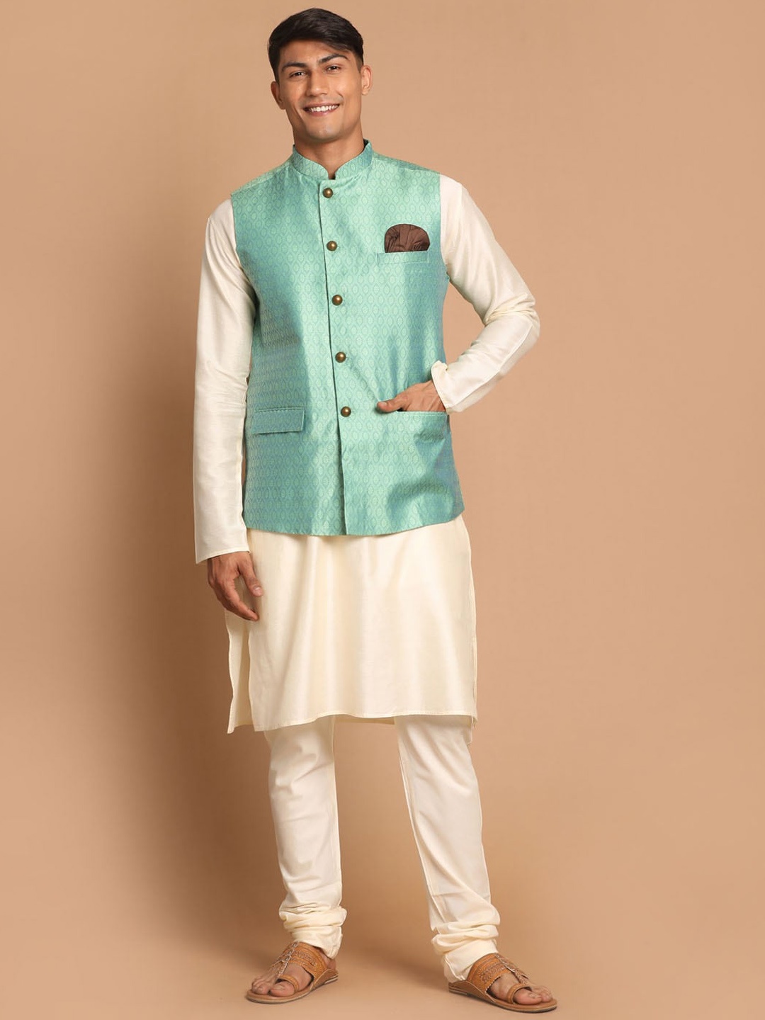 

VASTRAMAY Mandarin Colar Regular Straight Kurta with Trousers, Cream