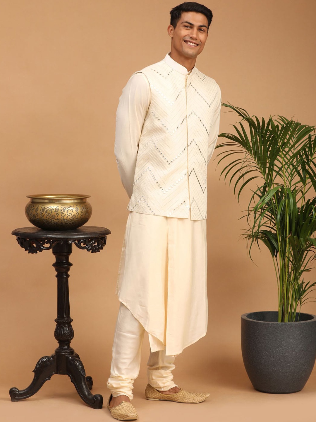 

VASTRAMAY Mirror Work Mandarin Collar Long Sleeves Angrakha Kurta Churidar With Jacket, Cream