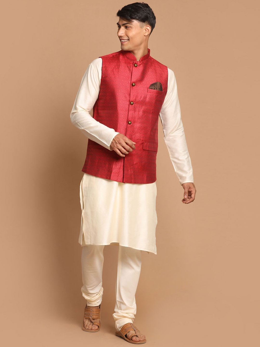 

VASTRAMAY Mandarin Collar Straight Kurta with Churidar & Nehru Jacket, Cream