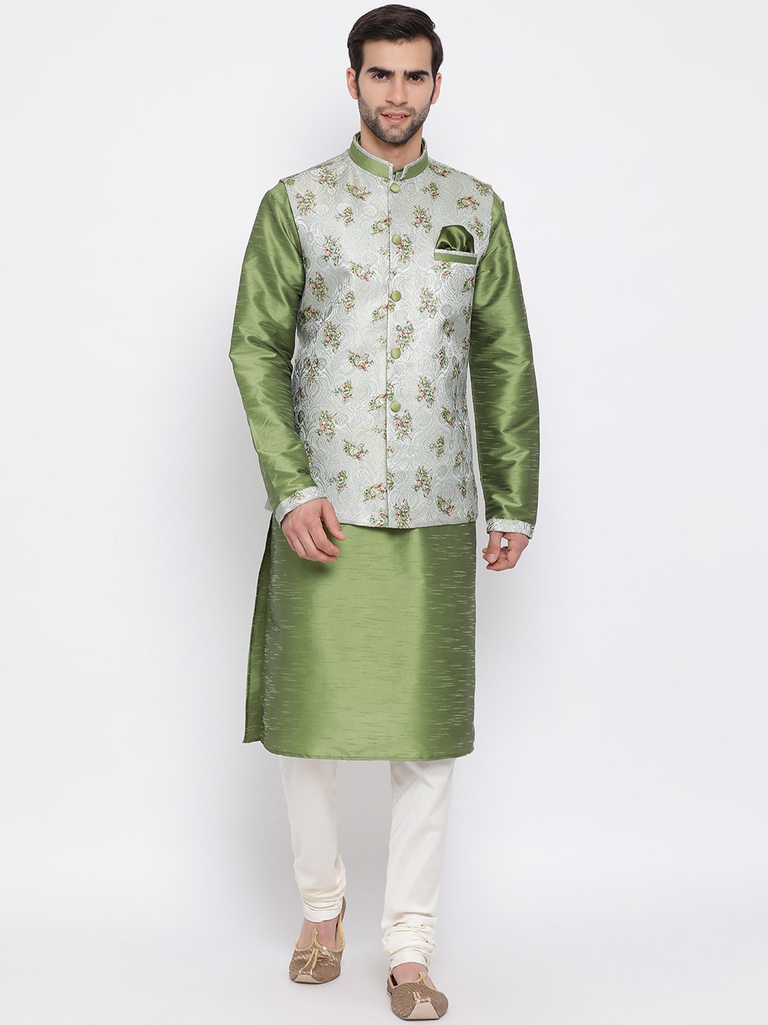 

VASTRAMAY Mandarin Collar Straight Kurta with Pyjama & Nehru Jacket, Green