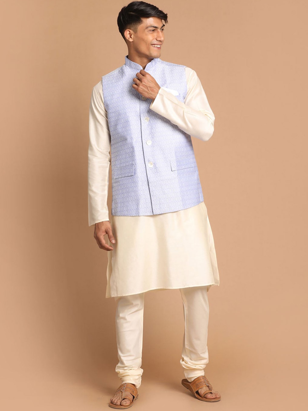 

VASTRAMAY Woven Design Mandarin Collar Long Sleeves Kurta with Churidar, Cream