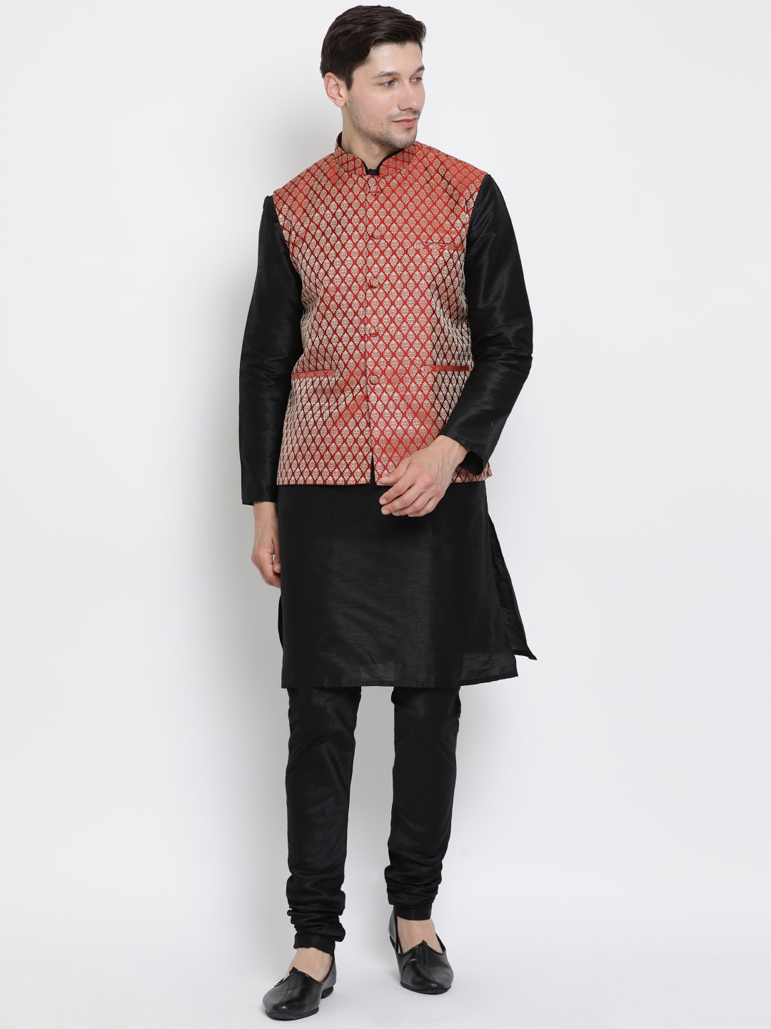 

VASTRAMAY Woven Design Mandarin Collar Long Sleeves Kurta with Churidar, Black