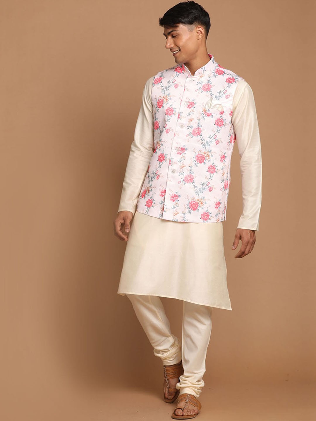

VASTRAMAY Mandarin Collar Straight Kurta with Churidar & Nehru Jacket, Cream
