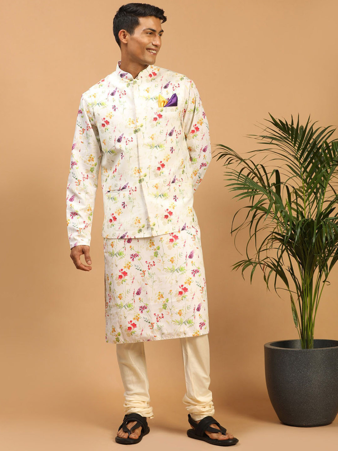 

VASTRAMAY Floral Printed Mandarin Collar Straight Kurta with Churidar & Nehru Jacket, Cream
