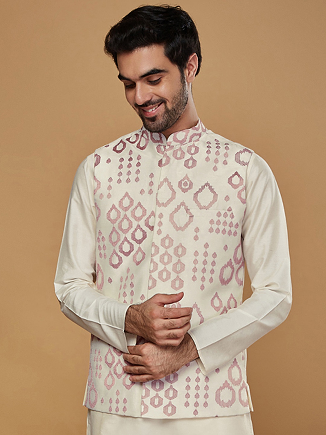 

KISAH Woven Design Woven Nehru Jacket, Off white