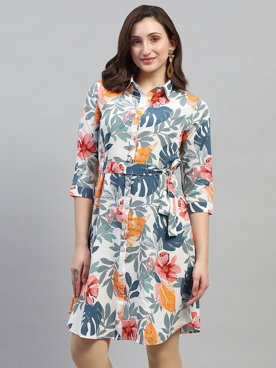 

Monte Carlo Floral Print Georgette Shirt Dress, White