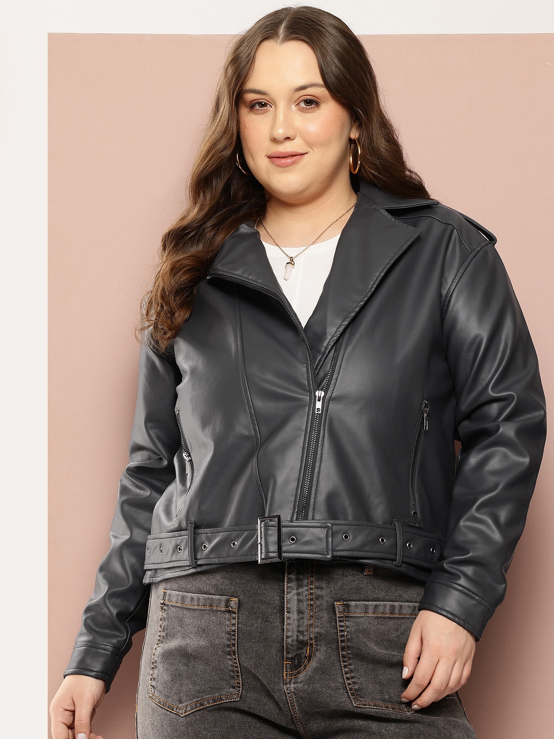 

Sztori Plus Size Lapel Collar Biker Jacket, Black