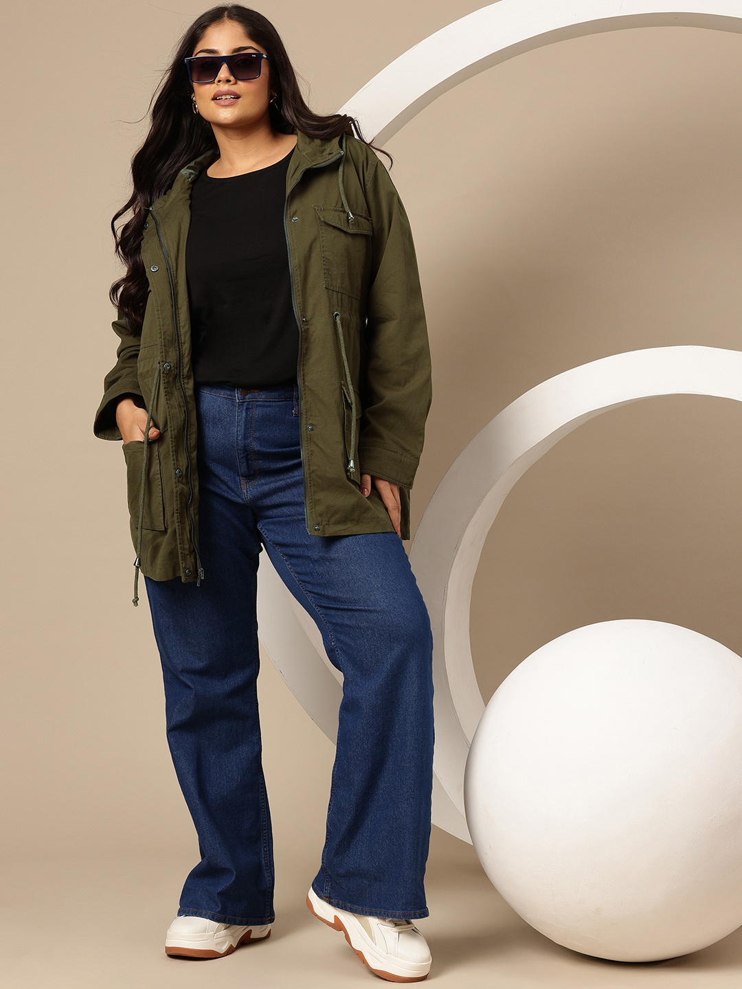 

Sztori Plus Size Longline Hooded Cotton Tailored Jacket, Olive