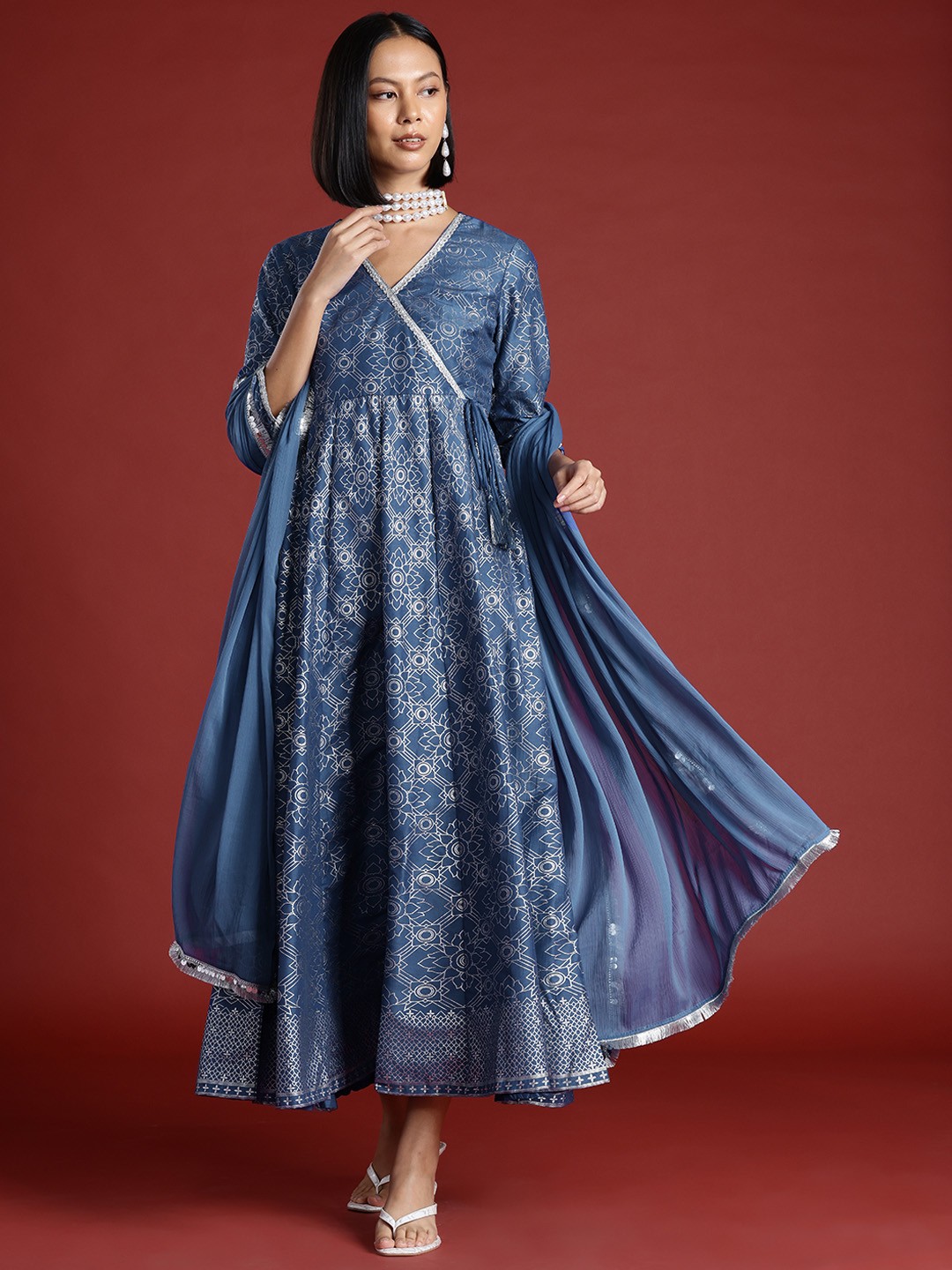 

all about you Block Print Wrap Midi Ethnic Dress with Dupatta, Blue