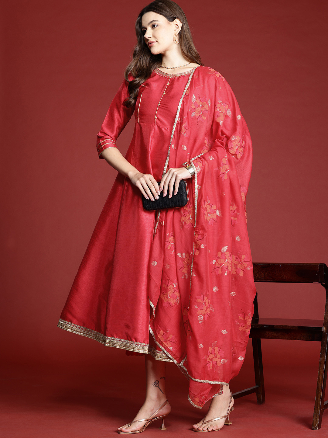 

all about you Midi Fit & Flare Ethnic Dress with Dupatta, Red