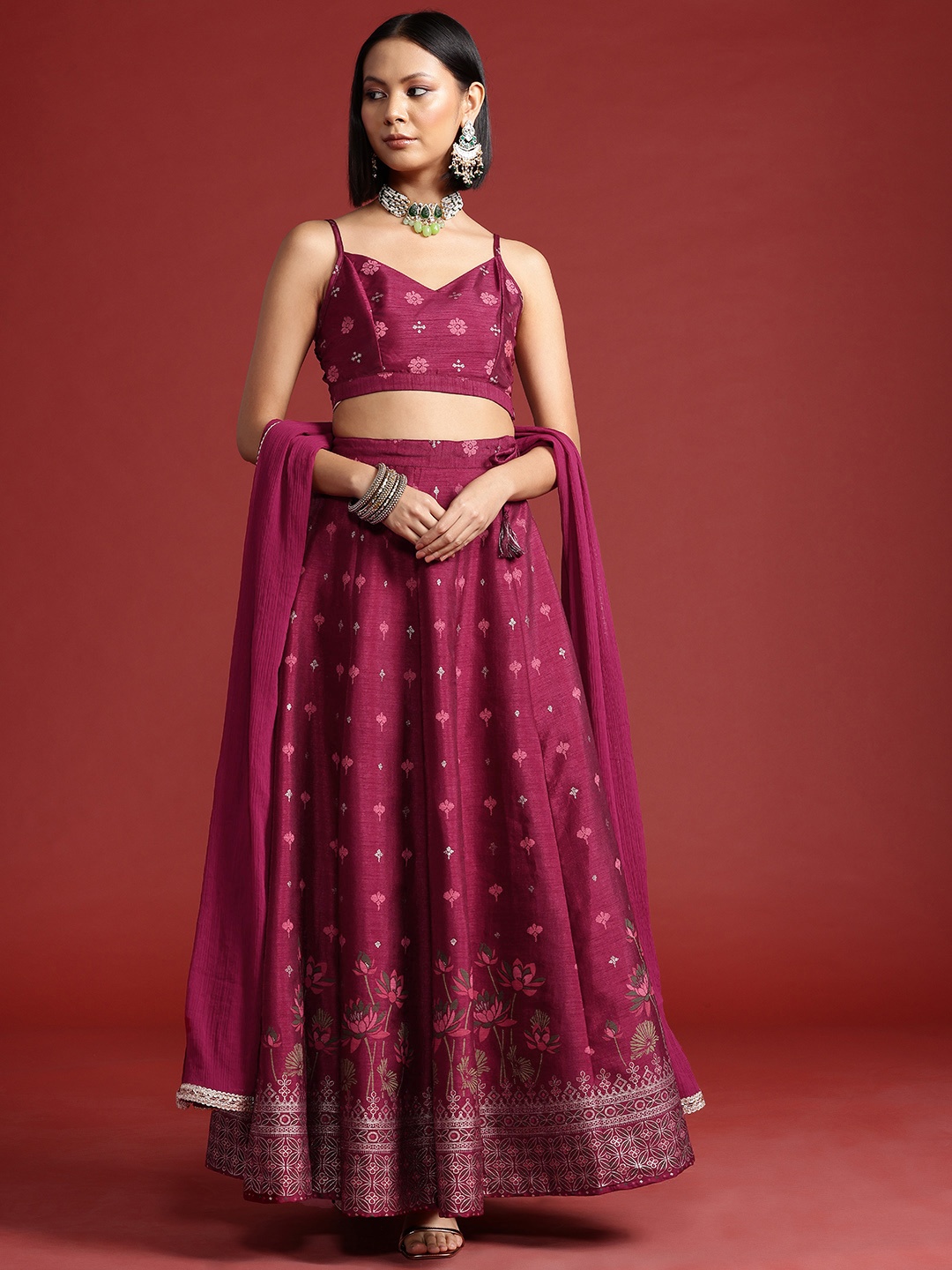 

all about you Printed Ready to Wear Lehenga & Blouse With Dupatta, Maroon