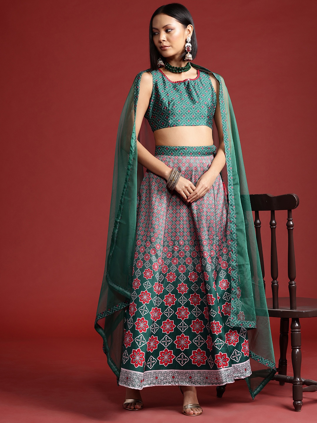 

all about you Printed Mirror Work Ready to Wear Lehenga & Blouse With Dupatta, Green