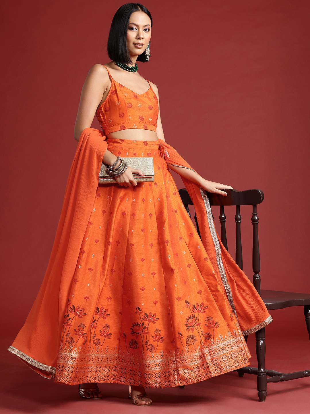

all about you Printed Ready to Wear Lehenga & Blouse With Dupatta, Orange