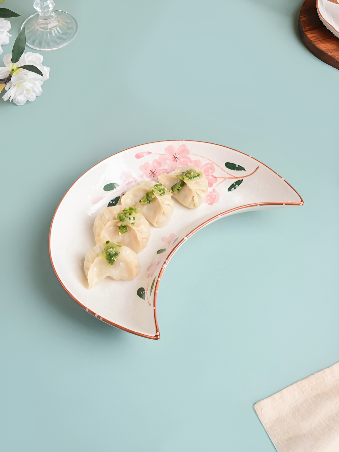 

Nestasia White & Pink Floral Printed Sakura Ceramic Moon-Shaped Momo Plate