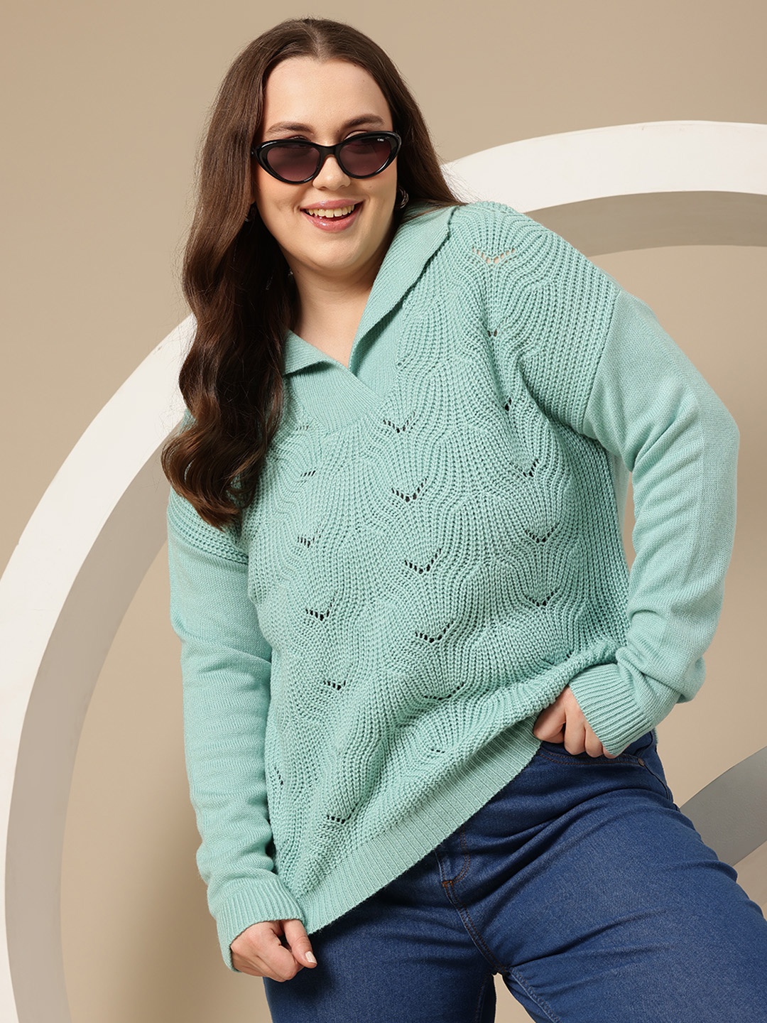 

Sztori Plus Size Acrylic Open Knit Detail Ribbed Pullover, Sea green