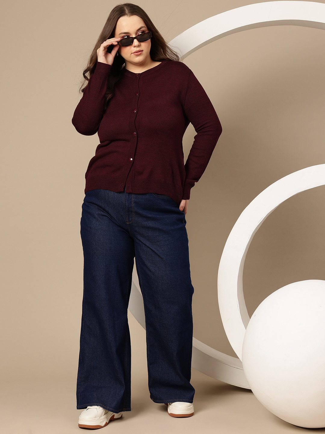 

Sztori Plus Size Round Neck Cardigan, Maroon