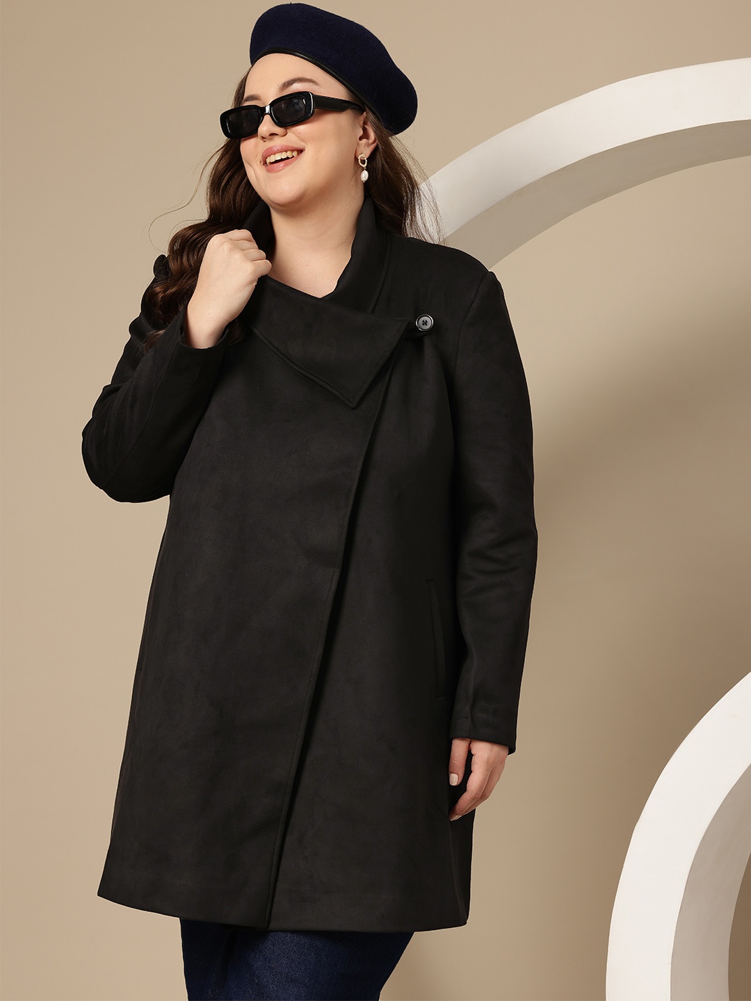 

Sztori Plus Size Velvet Finish Spread Collar Regular Fit Wrap Overcoat, Black