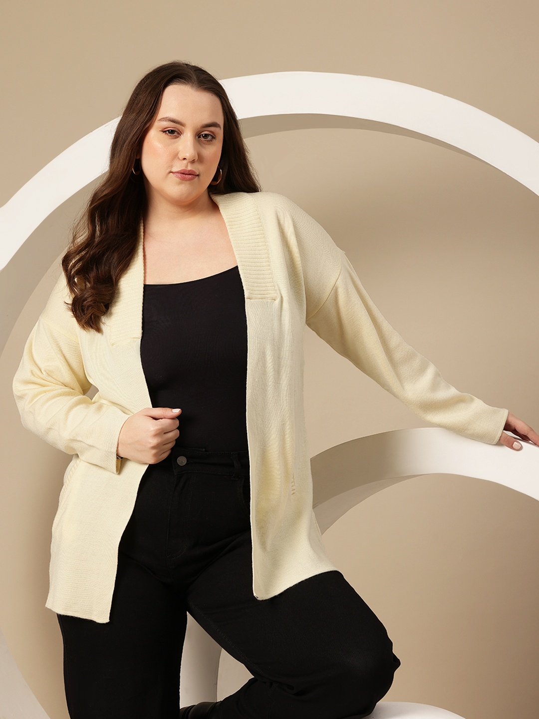 

Sztori Plus Size Acrylic Longline Open Front Sweater, Off white