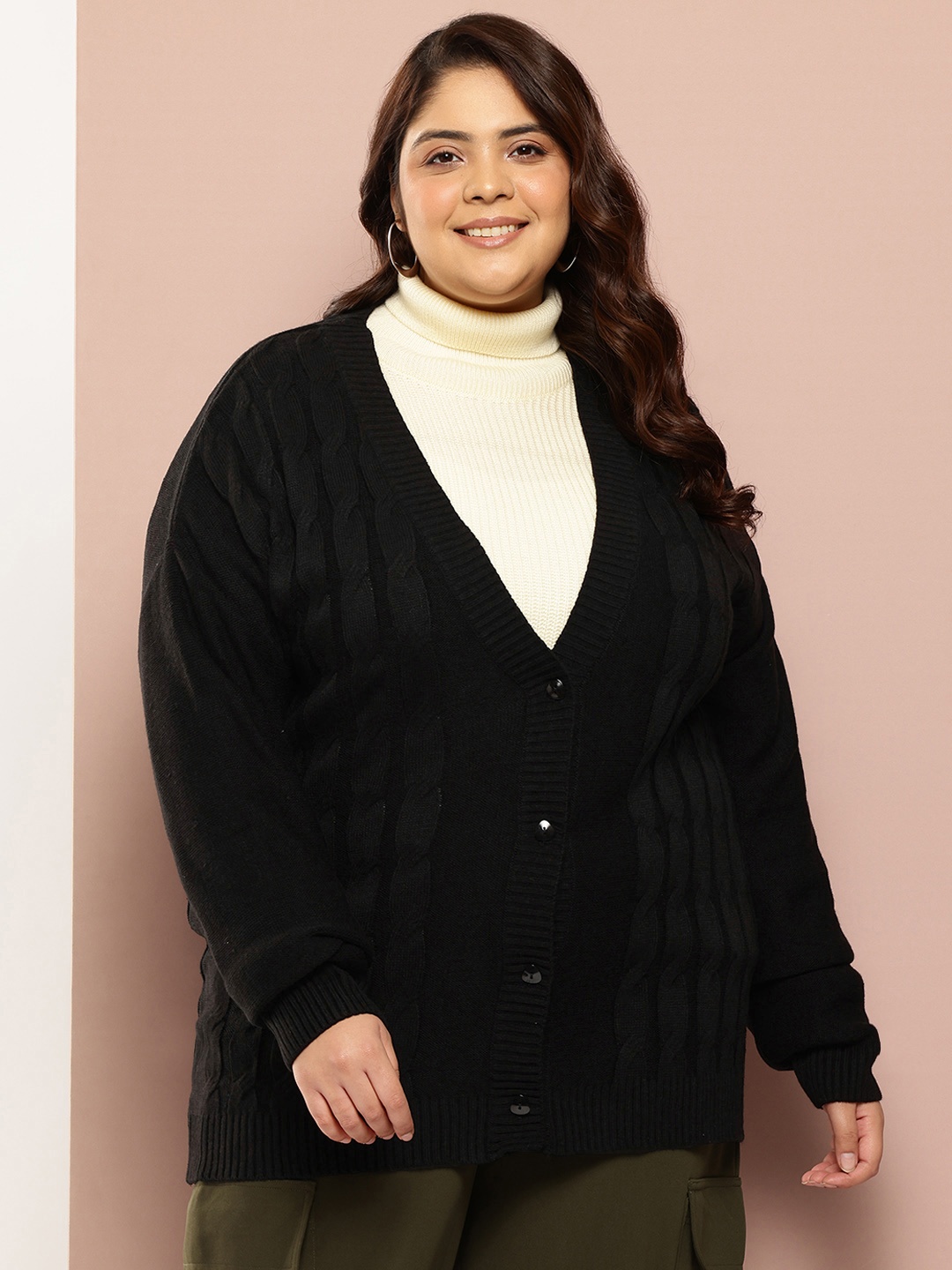 

Sztori Plus Size Cable Knit Acrylic Cardigan, Black