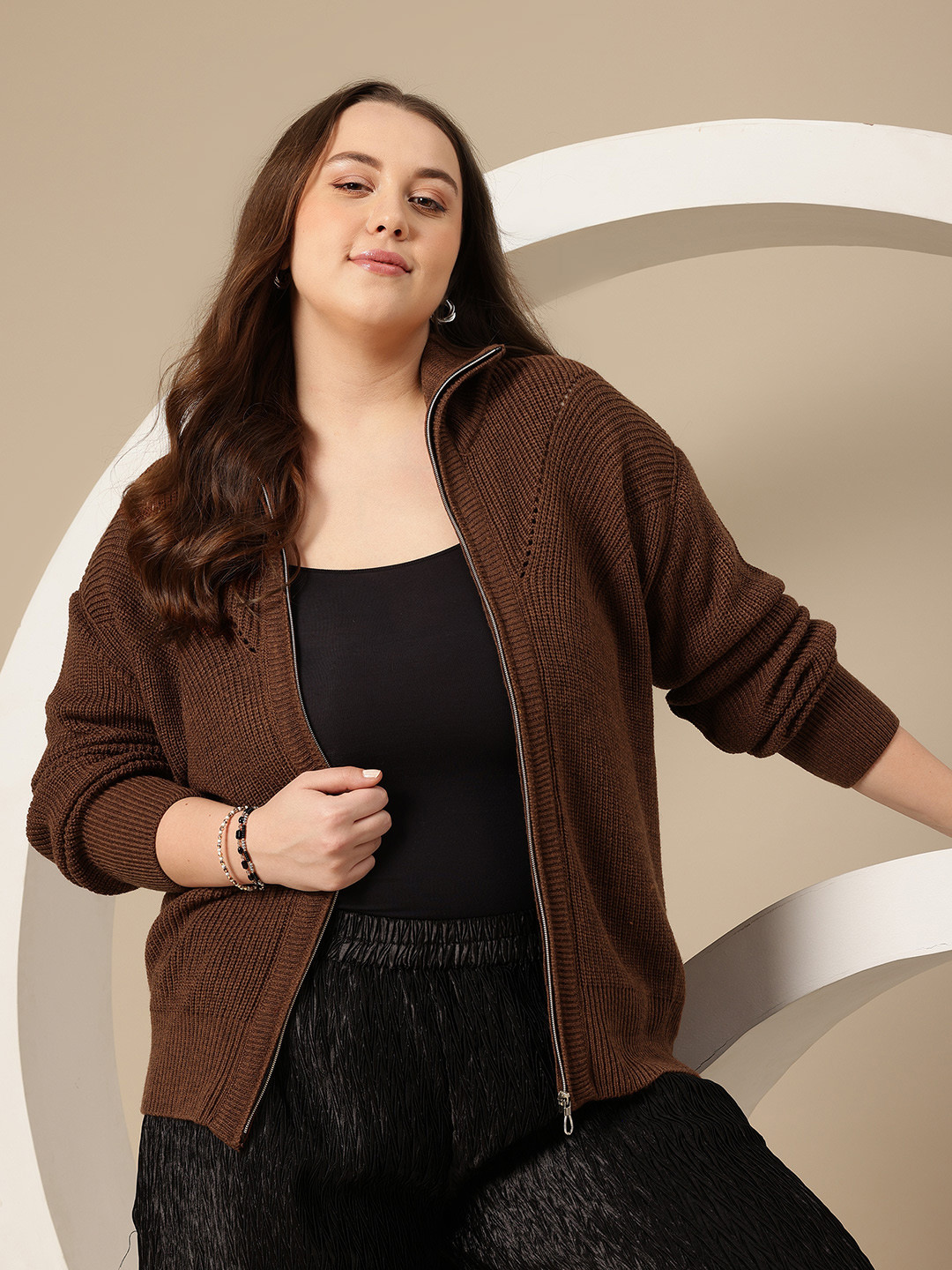

Sztori Plus Size Cable Knit Drop-Shoulder Sleeves Zip-Up Cardigan, Brown