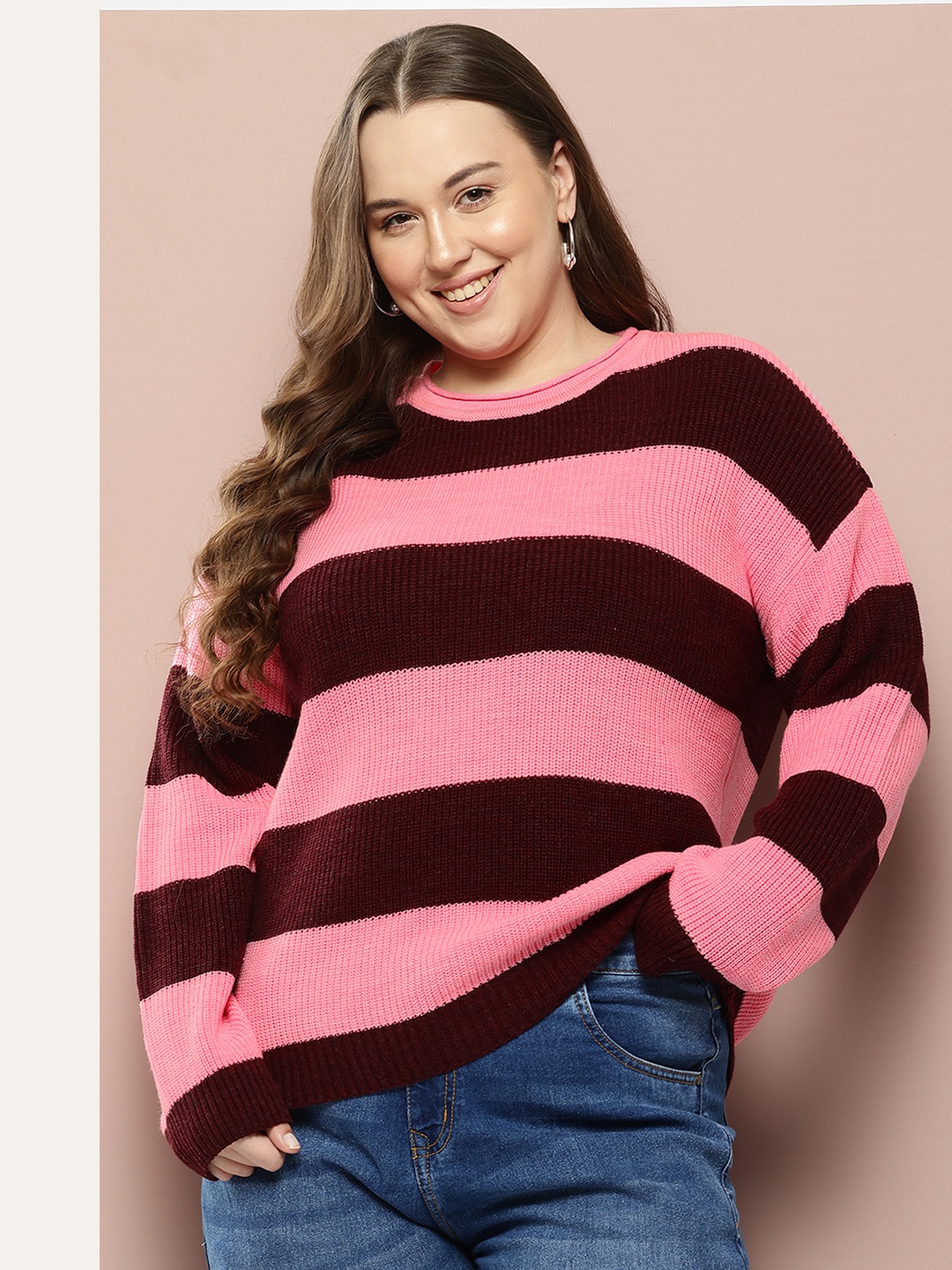 

Sztori Plus Size Striped Pullover, Pink