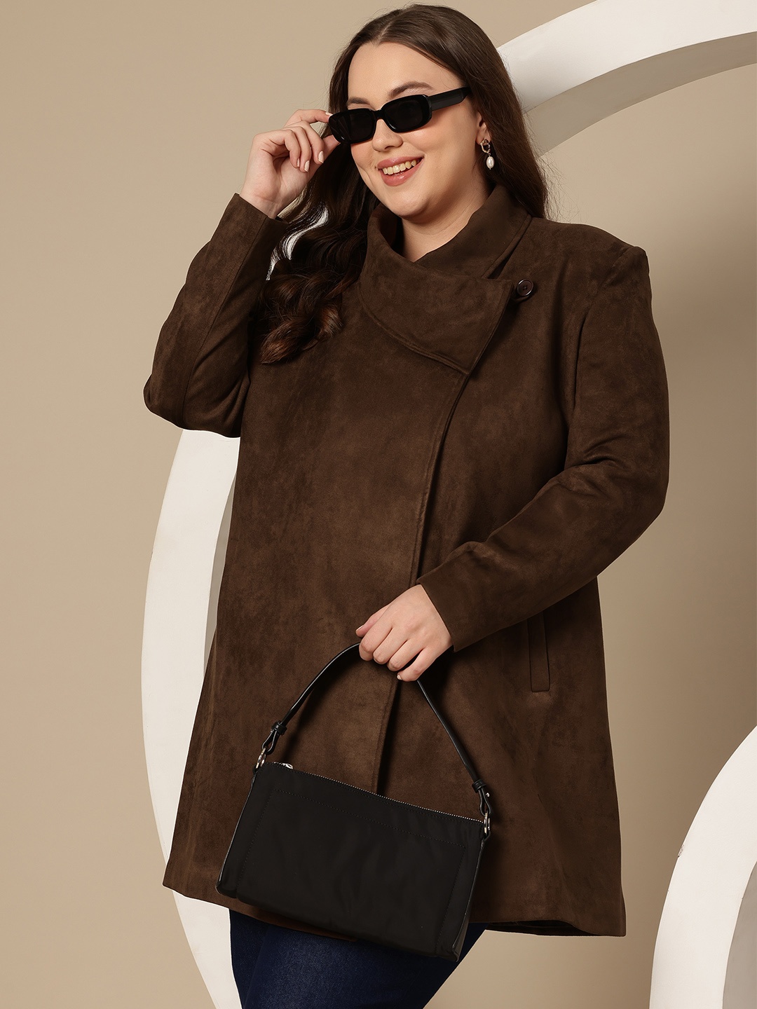 

Sztori Plus Size Velvet Finish Spread Collar Regular Fit Wrap Overcoat, Brown