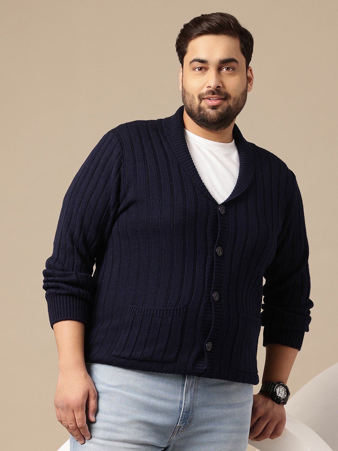 

Sztori Plus Size Acrylic Self Striped Cardigan, Navy blue